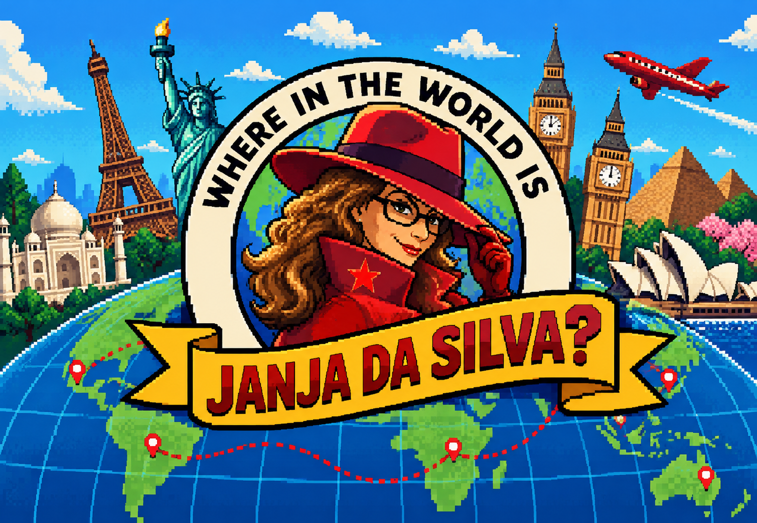 Where in the World is Janja da Silva? Janja e destinos pelo mundo em pixel art.